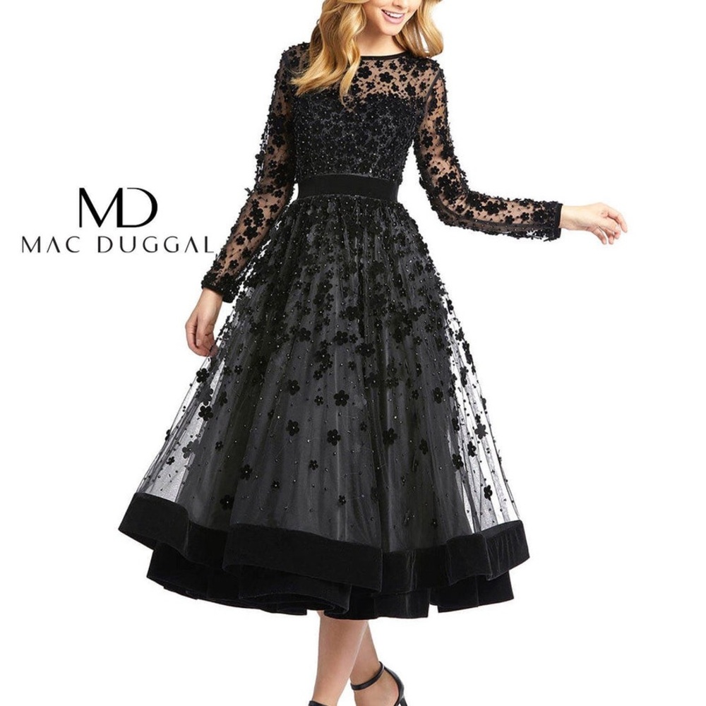 Mac Duggal Black Floral Appliqué Midi Dress